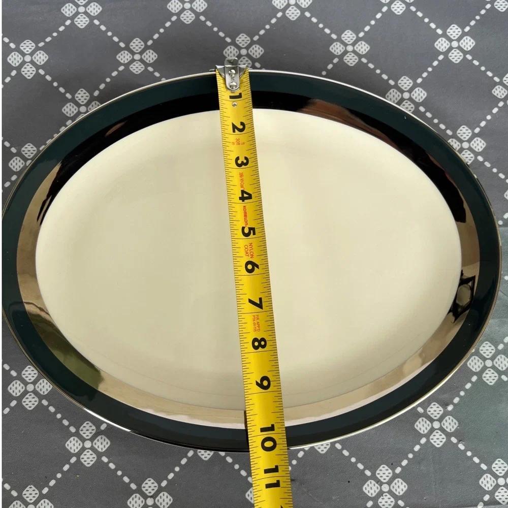 Flintridge China Oval Serving Platter Teal Green Silver Trim Made in USA 13.5in